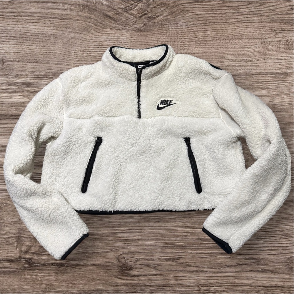 Nike White and Black Fleece Cropped Jacket